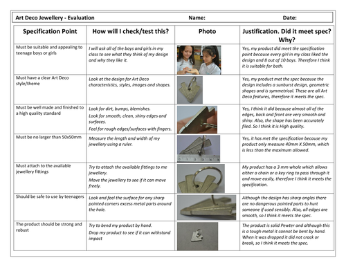 KS3 Art Deco Jewellery Evaluation (Worksheet and Complete Example)