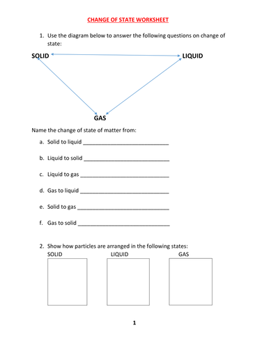 CHANGE OF STATE OF MATTER WORKSHEET WITH ANSWERS Teaching Resources