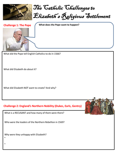 Edexcel 9-1 Elizabeth I Catholic challenges worksheet