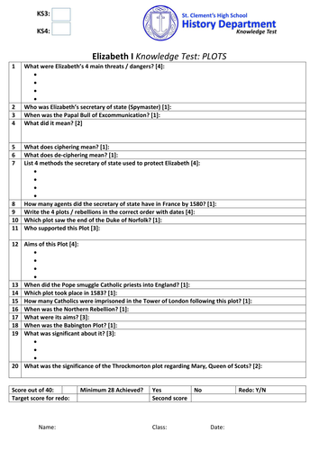 Edexcel 9-1 Elizabeth I - Topic Test: PLOTS