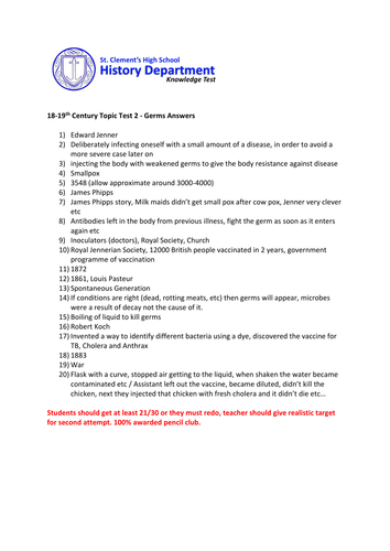 Edexcel 9-1 Medicine Through Time TOPIC TEST Germs & Answers