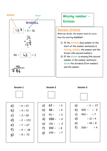 Skill Drill - Missing number - Division - Differentiated