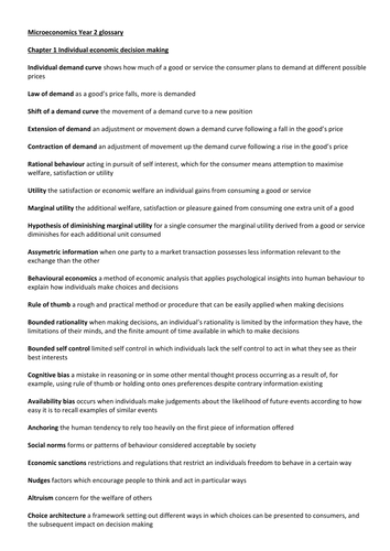Microeconomics key term glossary A2