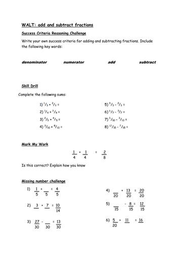 Adding and Subtracting Fractions - Reasoning Challenges and Skill Drill