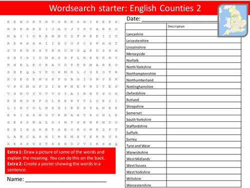 Geography English Counties 2 KS3 GCSE Wordsearch Crossword Anagram