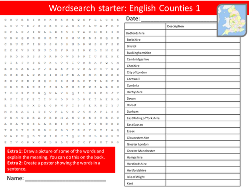 Geography English Counties 1 & 2 KS3 GCSE Wordsearch Crossword Alphabet Keyword Starter Cover Lesson