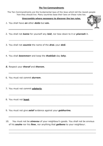 The Ten Commandments Task Sheet Cover lesson JUDAISM