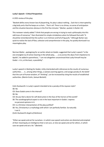 Waiting for Godot - Lucky's Speech criticism