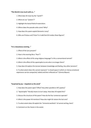 Wordsworth sonnets worksheet