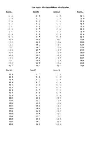 Core Studies Revision Quiz (A level) Answers