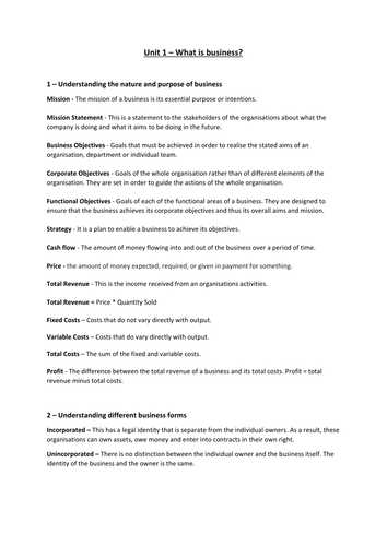 AS Unit 1 AQA Business Glossary SoW PLC