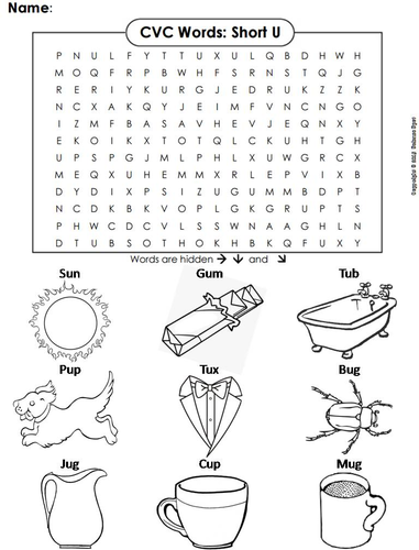 cvc words short u word search teaching resources