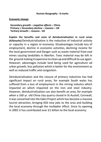 GCSE Geog (human) - longer model answers to (6-9mark) exam-style questions