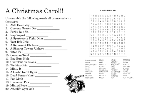 A Christmas Carol wordquiz anagrams, Charles Dickens