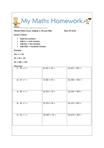Maths Homework Sheets
