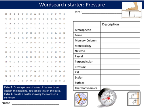 Science Physics Pressure Wordsearch Crossword Anagrams Literacy Keyword Starters Homework Cover