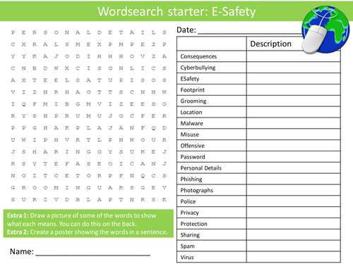 ICT Computing E-Safety KS3 GCSE Wordsearch Crossword Anagram Alphabet Keyword Starter