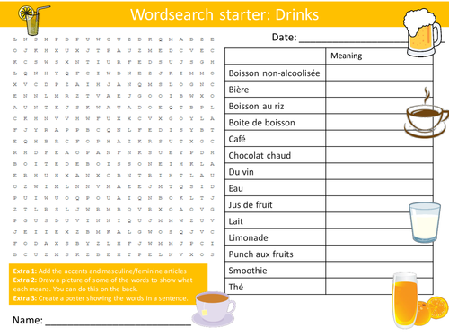 French Drinks Wordsearch Crossword Anagrams Keyword Starters Homework Cover Plenary Lesson