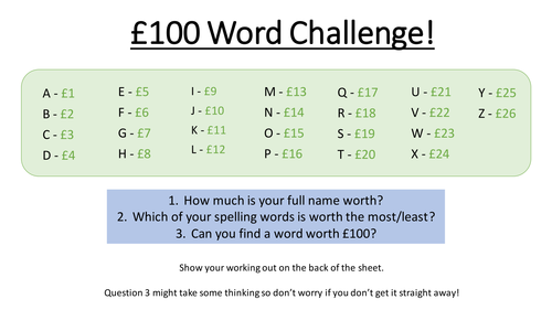 Column Addition Challenge - £100 and £1000 word challenge