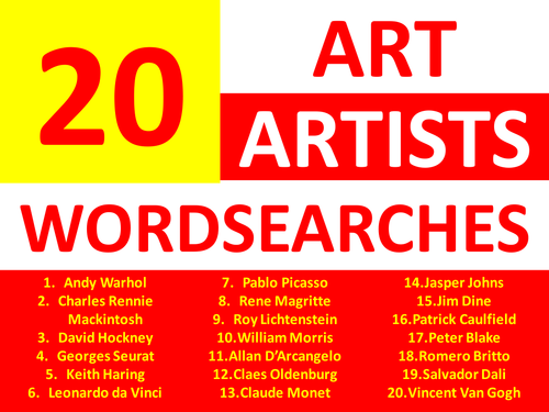 20 x Art Artist Wordsearches KS3 GCSE Wordsearch Keyword Starter Cover Homework Plenary