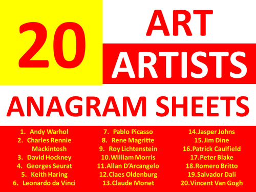 20 x Art Artist Anagram Sheets KS3 GCSE Anagrams Keyword Starter Cover Lesson Homework Plenary