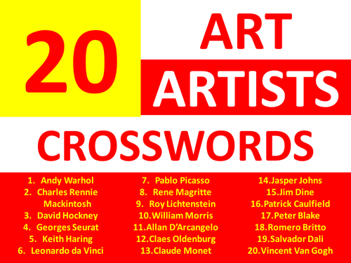 20 x Art Artist Crosswords KS3 GCSE Crossword Keyword Starter Cover Homework Plenary