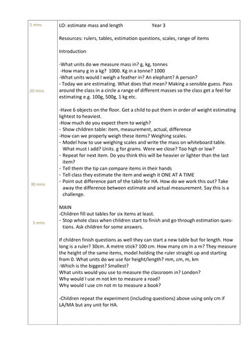 Estimating Mass and Length Year 3 (Key Stage adaptable)