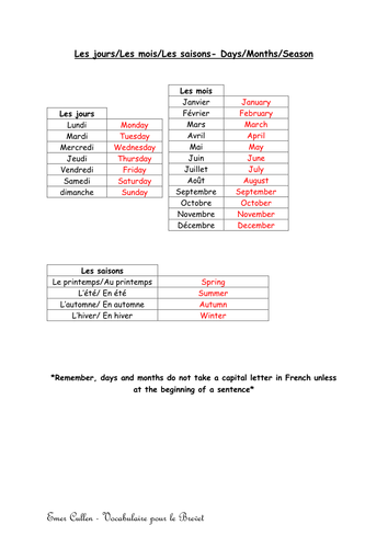 French Vocabulary Booklet/Vocabulaire pour le Brevet