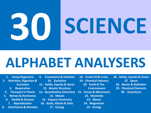30 x Starter Alphabet Brainstorm Analysers Science Chemistry Physics Biology KS3 GCSE Cover Plenary