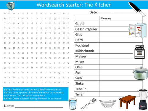German The Kitchen Keywords KS3 GCSE Starter Activities Wordsearch, Anagrams Crossword Cover