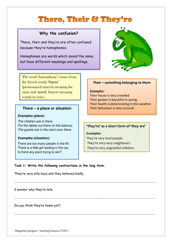 There, their, they're homophone worksheet with explanation, examples and tasks