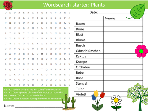 German Plants Keywords KS3 GCSE Starter Activities Wordsearch, Anagrams Crossword Cover