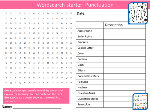 English Punctuation Keyword Wordsearch Crossword Anagrams Brainstormer Starters Cover Homework