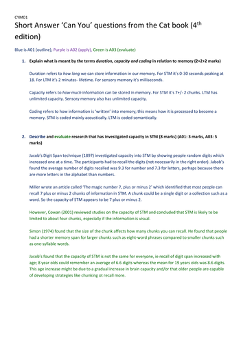 Exam Style questions AND answers including full 16 markers for MEMORY unit of A Level Psychology