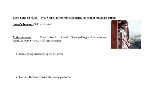 TEACHER'S NOTES Template for analysing a key scene from 'Lion' - 2017 Dev Patel film