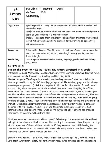 A day plan for 'no pens day'