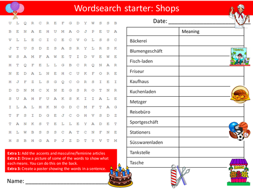 German Shops Wordsearch Keywords KS3 GCSE Starter Activities Wordsearch, Anagrams Crossword Cover