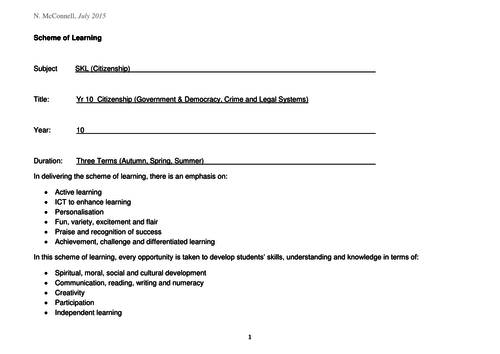 Year 10 Citizenship lessons on Crime and Legal Systems