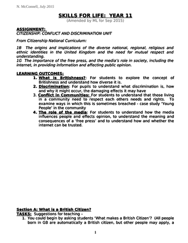 Year 11 Citizenship/PSHEe Lesson on Conflict and Discrimination