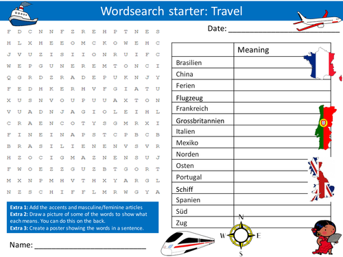 German Travel Wordsearch Keywords KS3 GCSE Starter Activities Wordsearch, Anagrams Crossword Cover