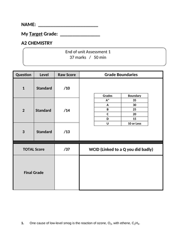 A Level assessment on rates/order of reactions and Kc value calculations