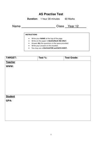 AS Practise Exam for new specification with markscheme