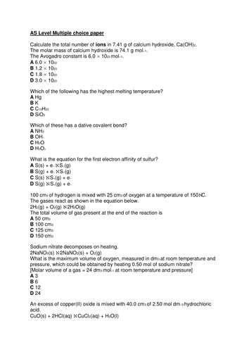 AS multiple choice questions with markscheme for new specification