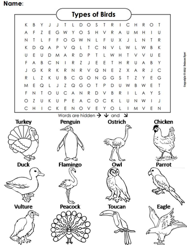 Types of Birds Word Search