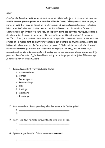 Holidays Les Vacances new GCSE reading style worksheet