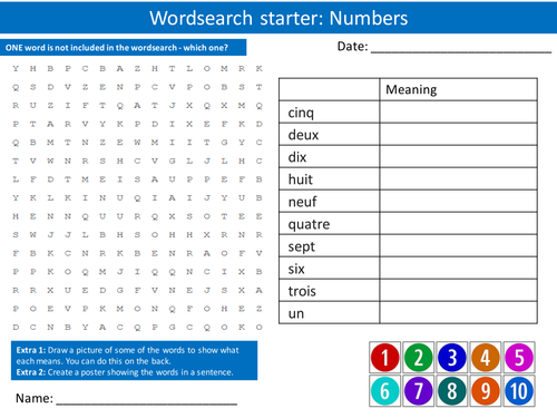 French Numbers 1-10 Wordsearch Crossword Anagrams Keyword Starters Homework Cover Plenary Lesson