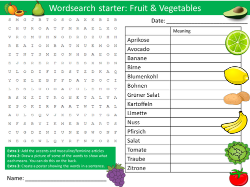 German Fruit & Vegetables Wordsearch Keywords KS3 GCSE Starter  Wordsearch, Anagrams Crossword