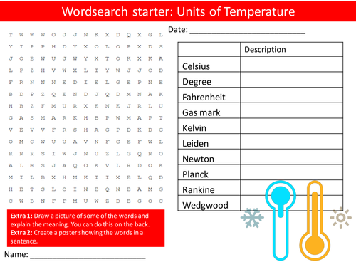 Science Biology Units of Temperature Wordsearch Crossword Anagrams Keyword Starters Homework Cover