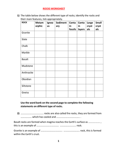 ROCKS WORKSHEET WITH ANSWERS | Teaching Resources