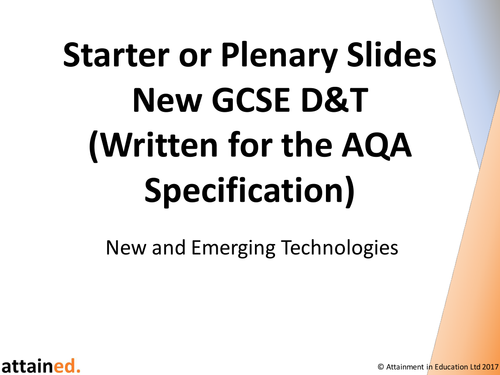 Starter or Plenary Slides for NEW GCSE D&T (AQA) - New and Emerging Technologies